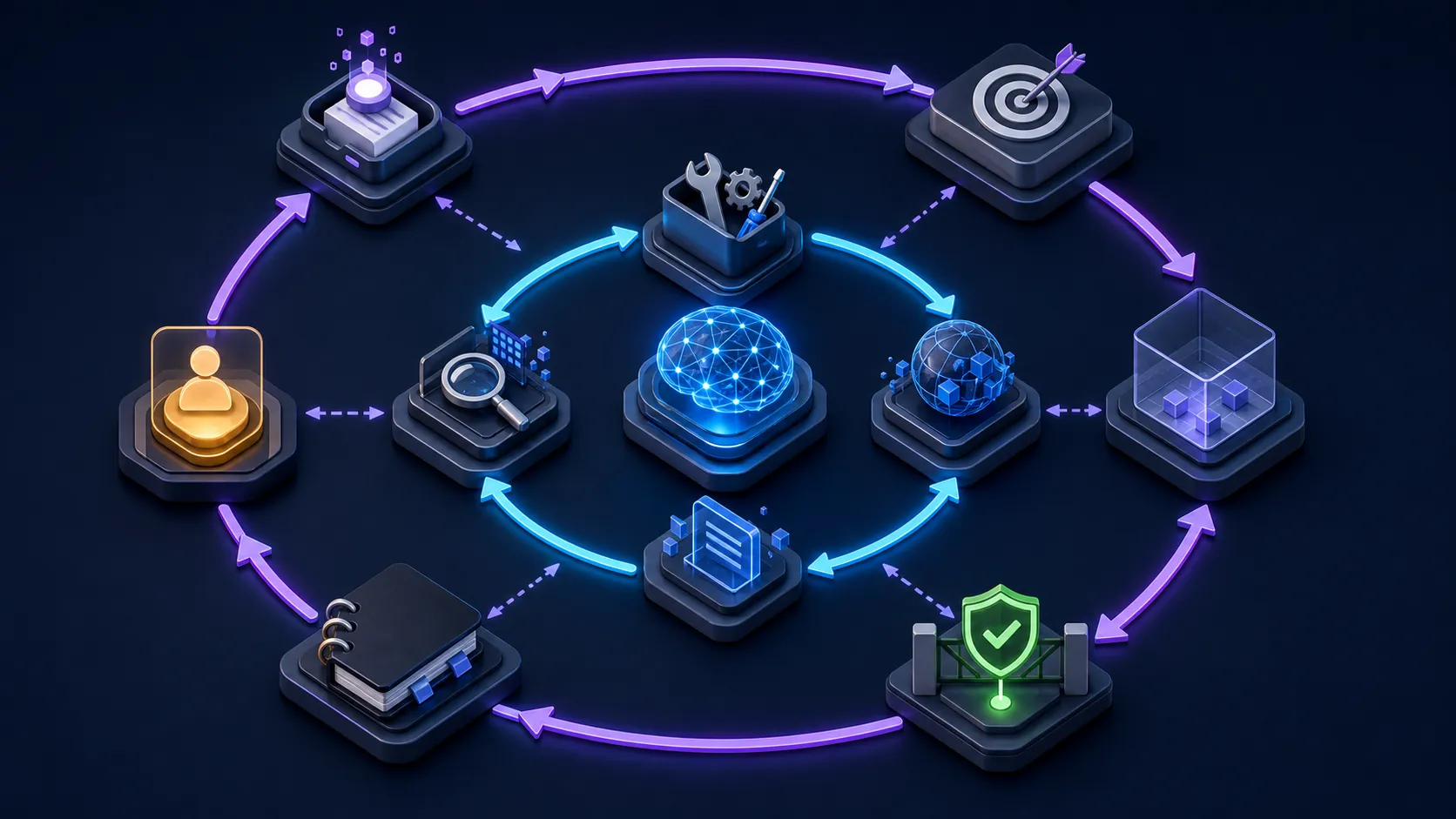 A small cyan model-tool-observation loop nested inside a larger operational loop of triggers, goals, isolation, verification, memory and human escalation