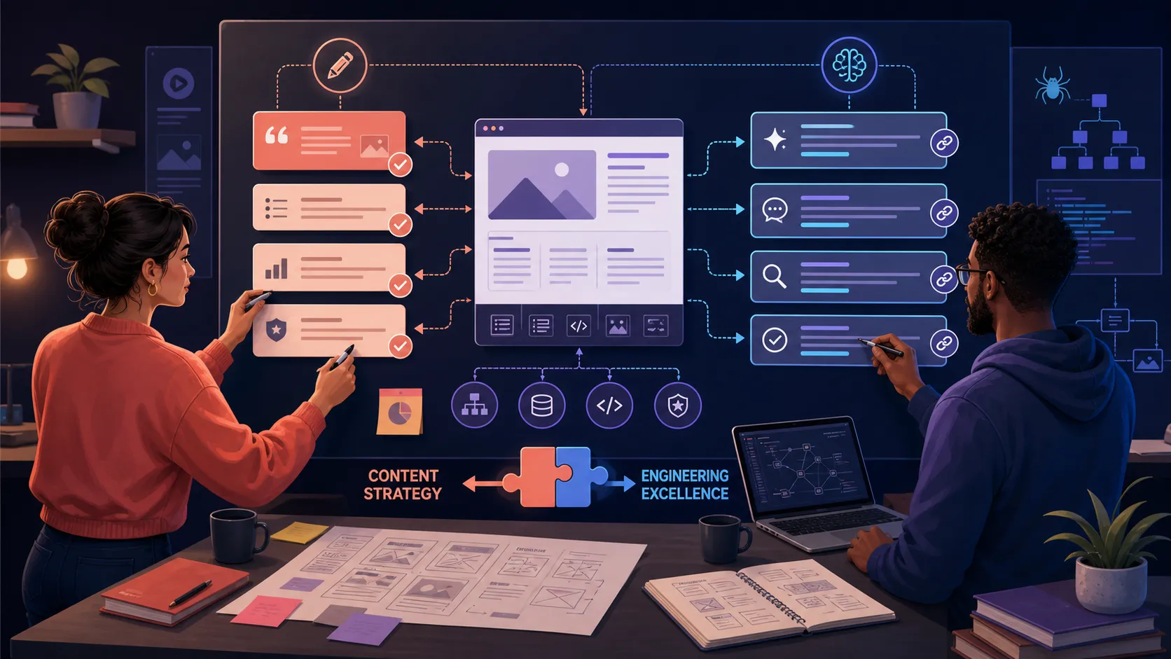 A marketer and developer jointly planning content, technical structure and citation paths for AI answer engines