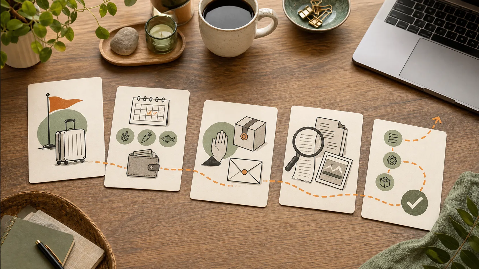 Five visual cards representing outcome, personal context, approval boundaries, checking, and a plan
