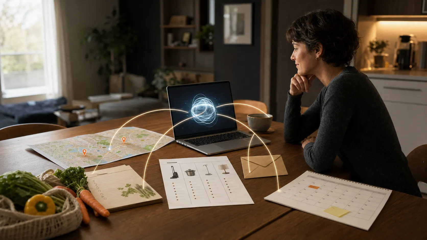 A person using an AI agent to organize travel, groceries, product comparisons, email, and a calendar