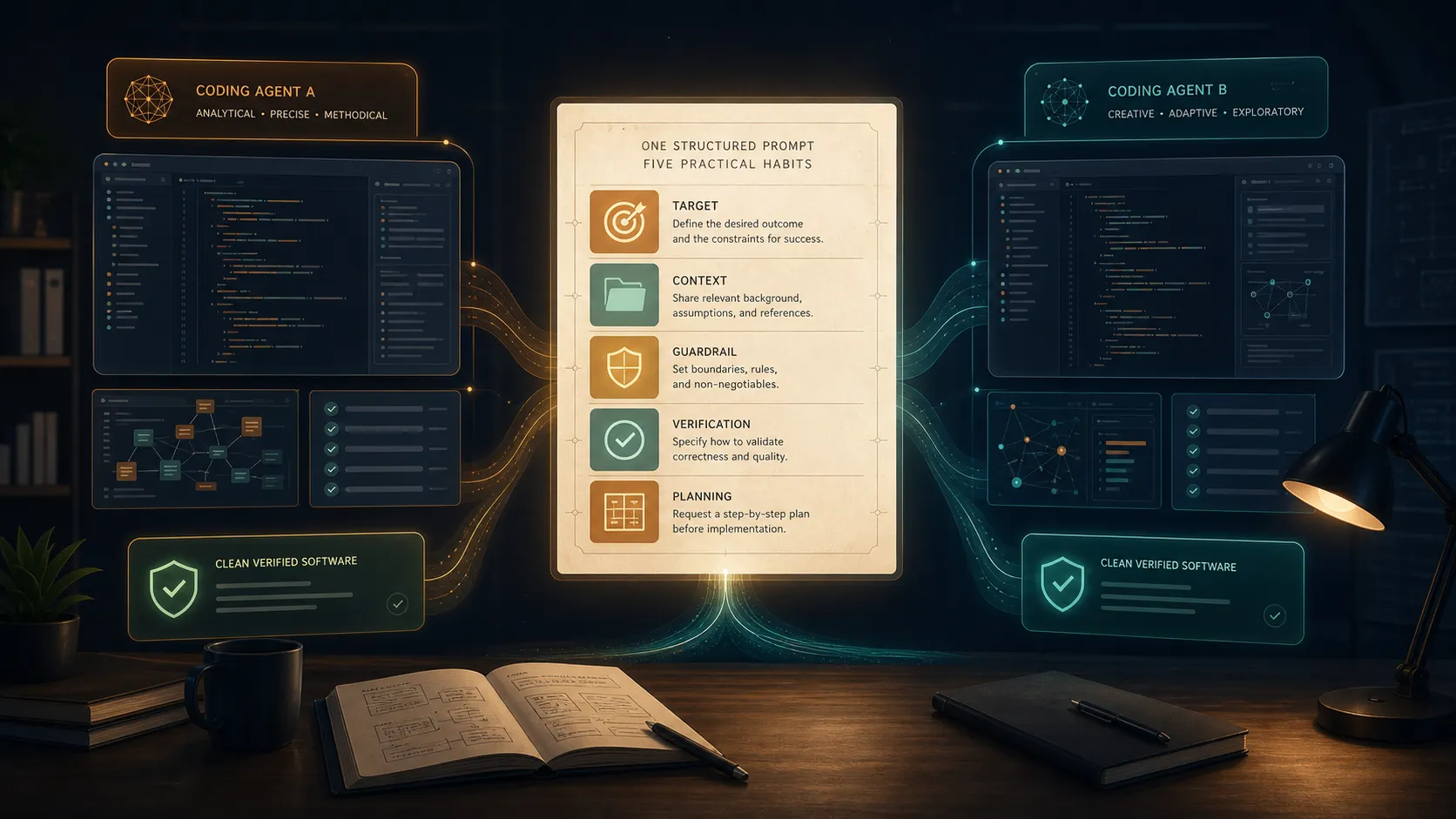 A structured prompt with five practical modules guiding two coding-agent workspaces