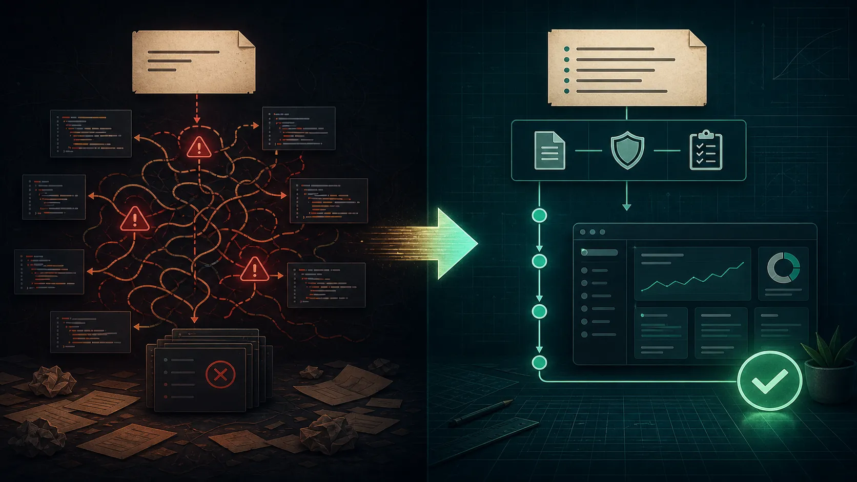 A vague prompt producing tangled failures contrasted with a structured prompt producing a verified result