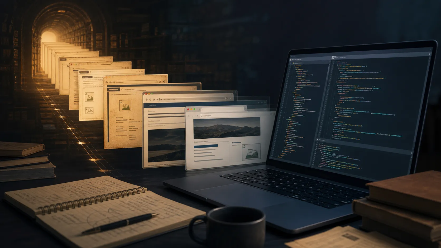 Archived browser windows leading from an old web library to a modern developer's laptop