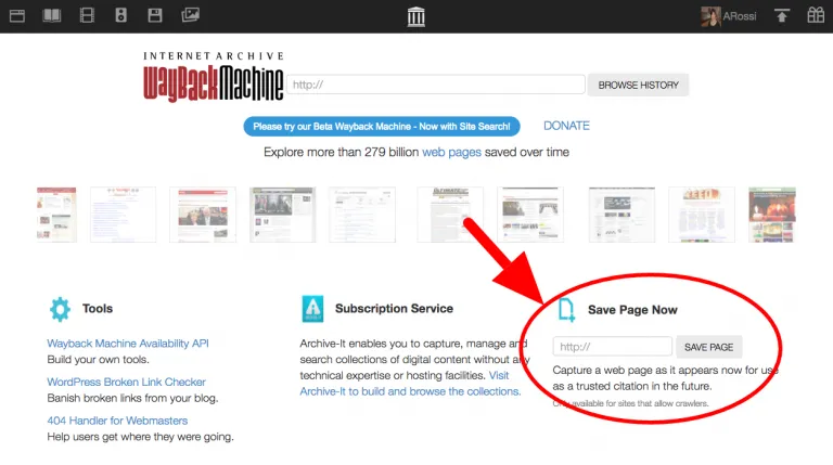 An earlier Wayback Machine interface highlighting the Save Page Now feature