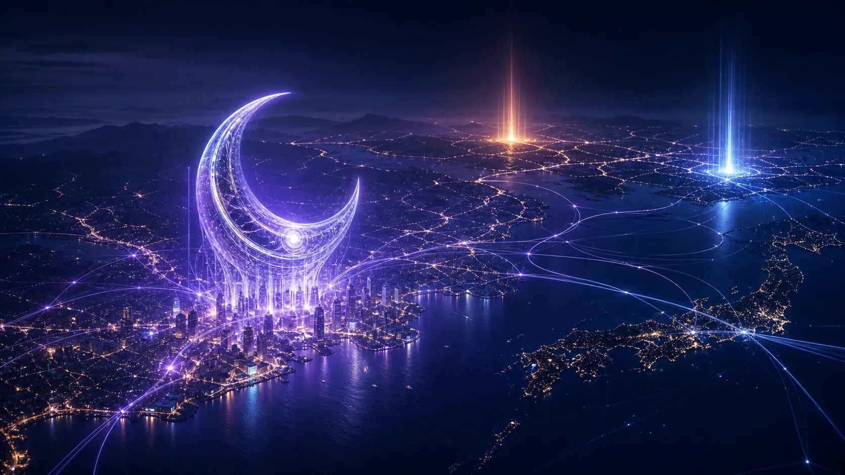 A luminous crescent-shaped AI network rising above connected Asian cities, with two distant pillars representing established competitors