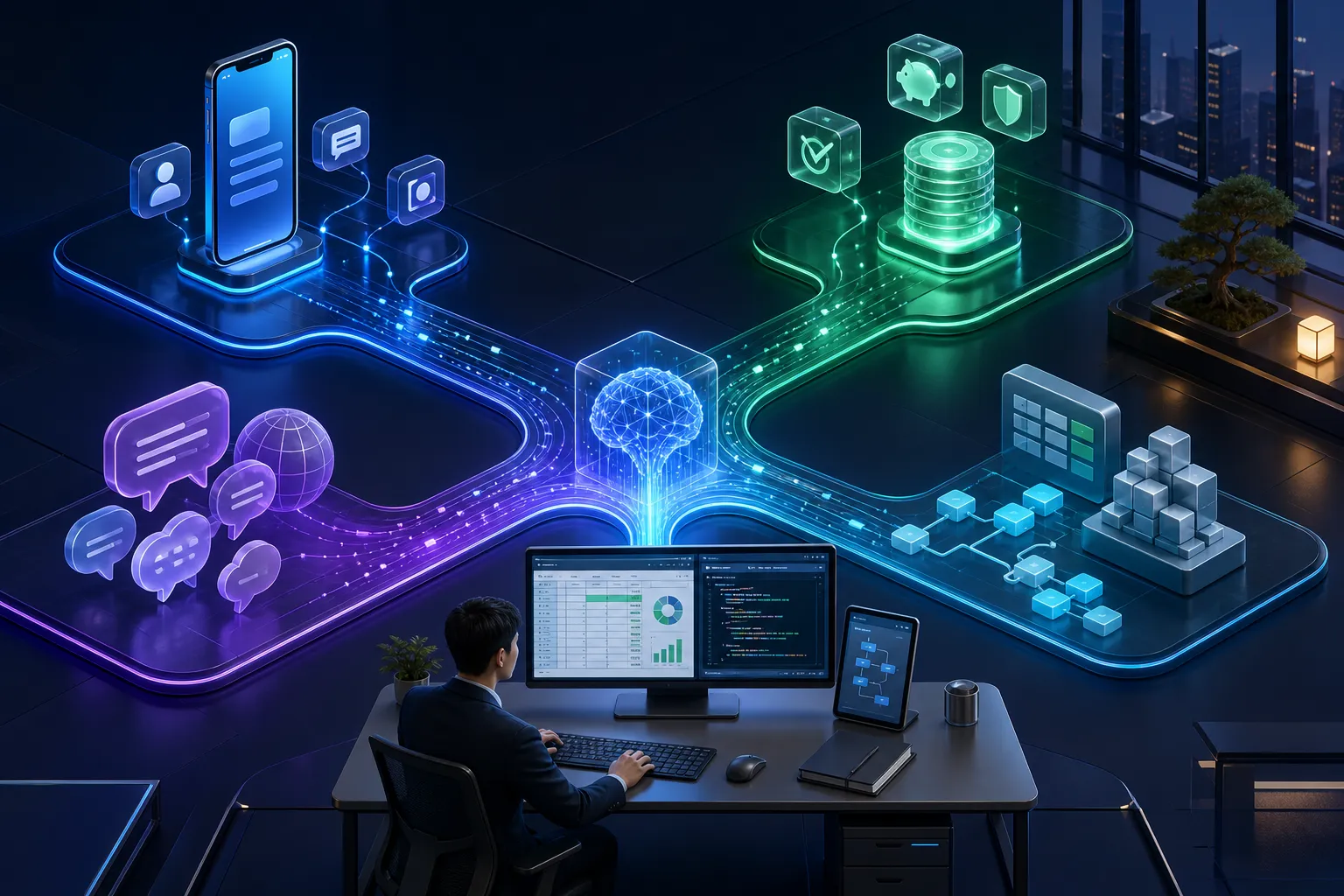 Four connected product advantages—mobile access, cost, multilingual work, and office or coding workflows—converging on a practical AI workstation