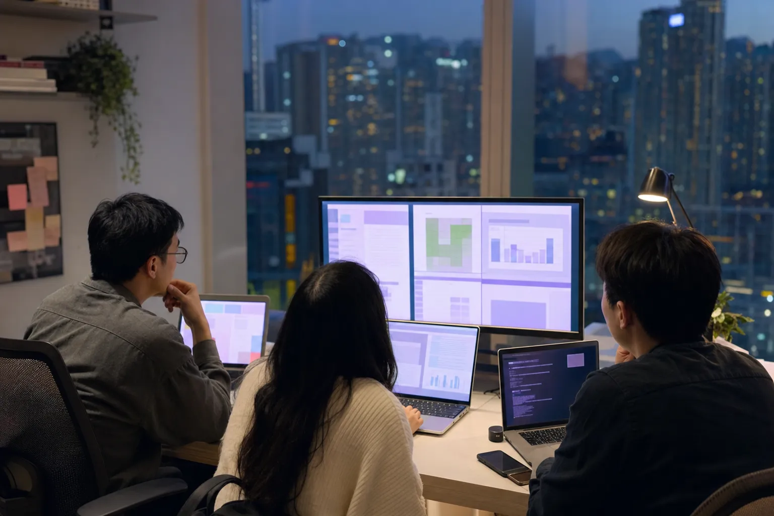 Three colleagues in a Hong Kong office comparing AI outputs across documents, spreadsheets, and code