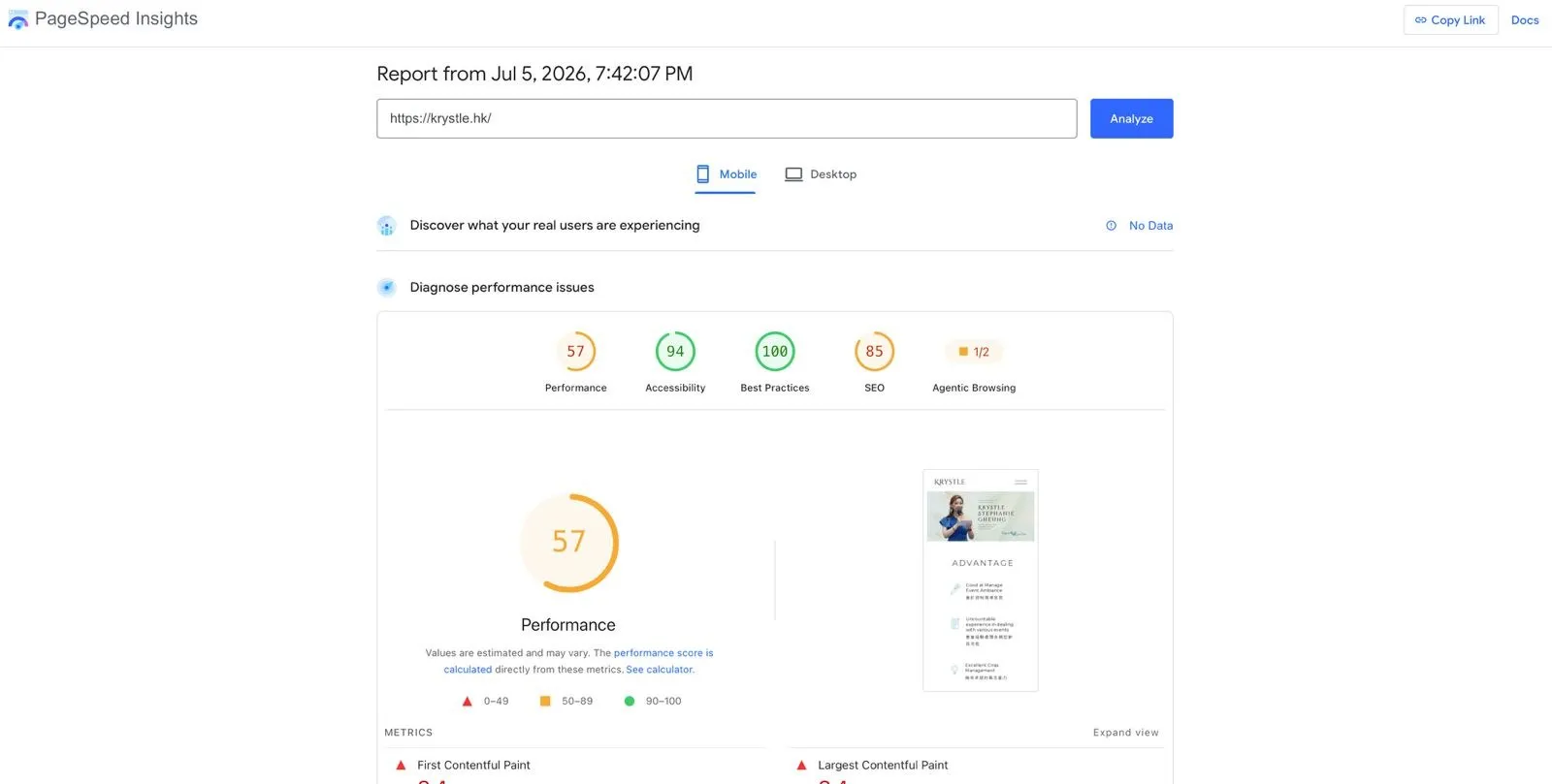PageSpeed Insights on the old WordPress site: Performance 57, Accessibility 94, Best Practices 100, SEO 85