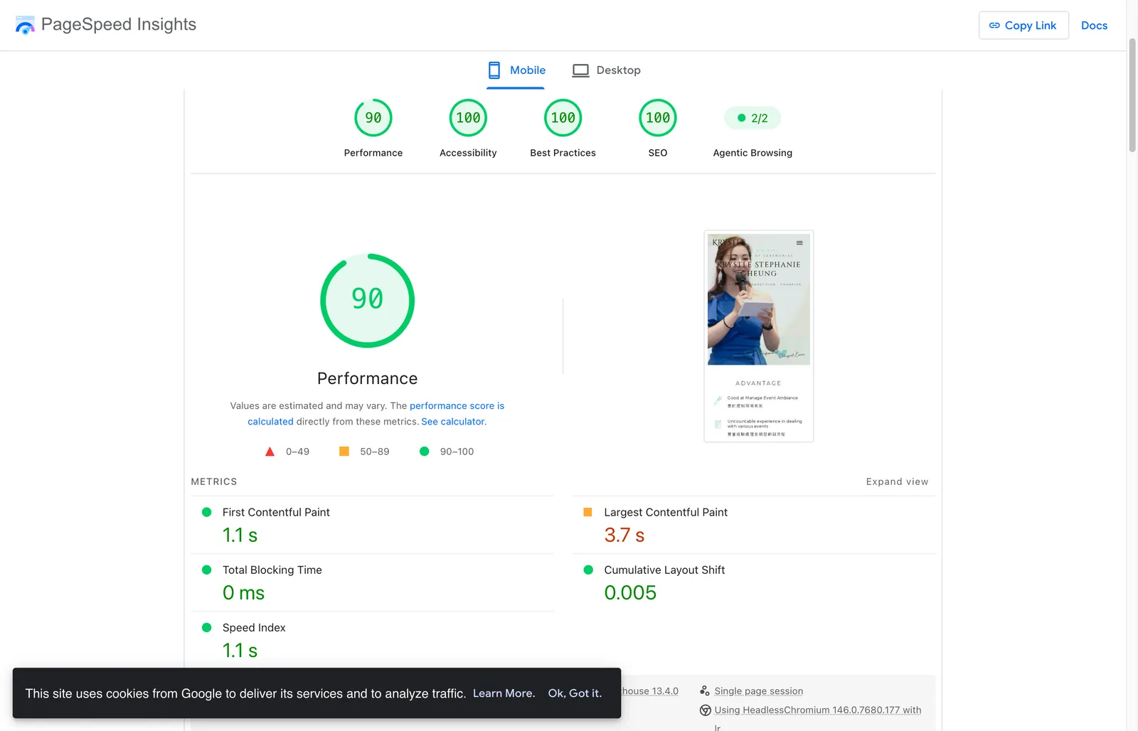PageSpeed Insights on the live rebuilt site, mobile: Performance 90, Accessibility 100, Best Practices 100, SEO 100