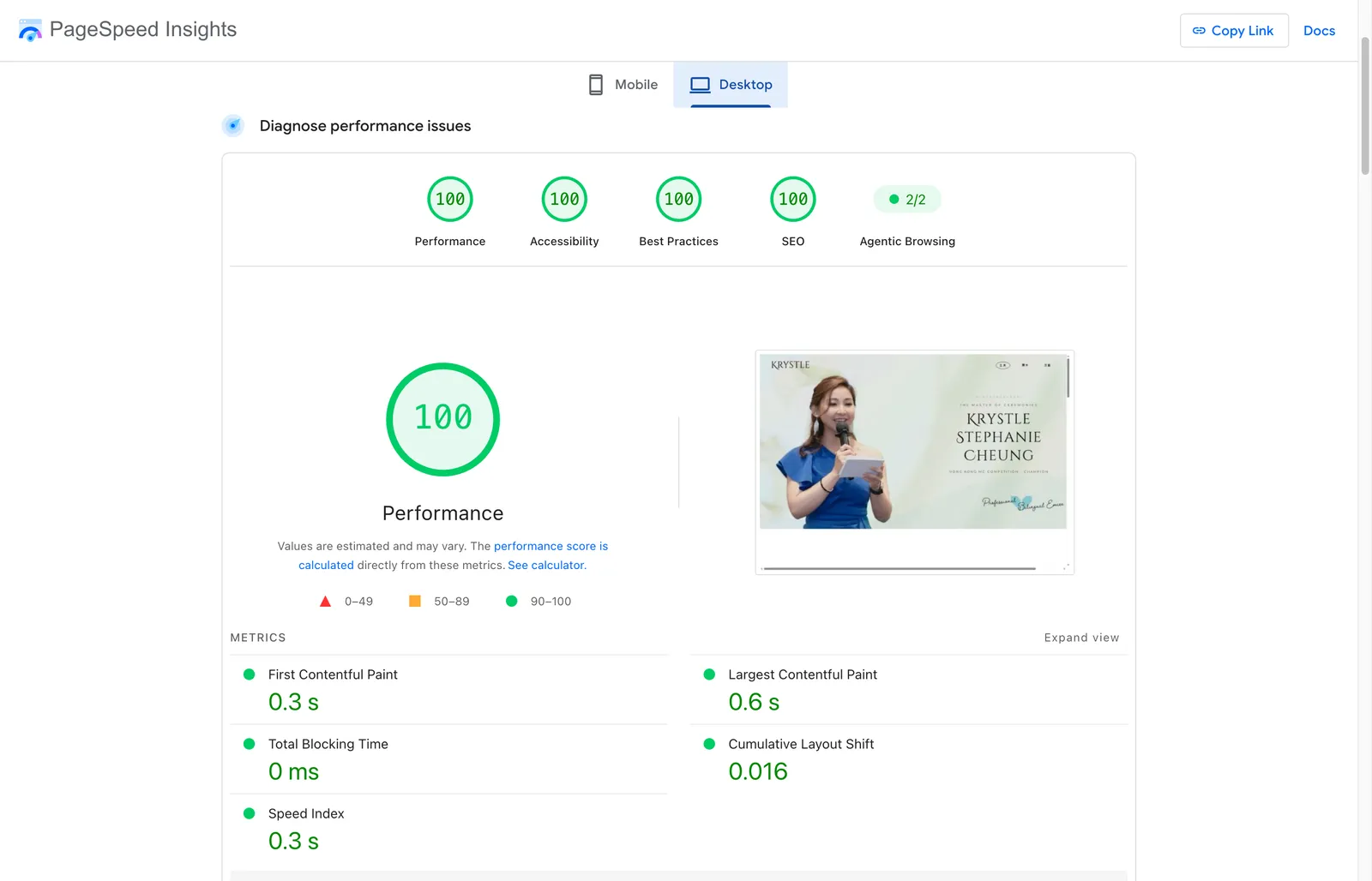 PageSpeed Insights on the live rebuilt site, desktop: 100 across all categories