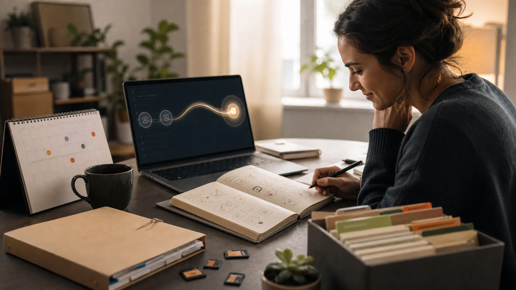 A person reconnecting an AI assistant to an organized notebook, project folder, and archive