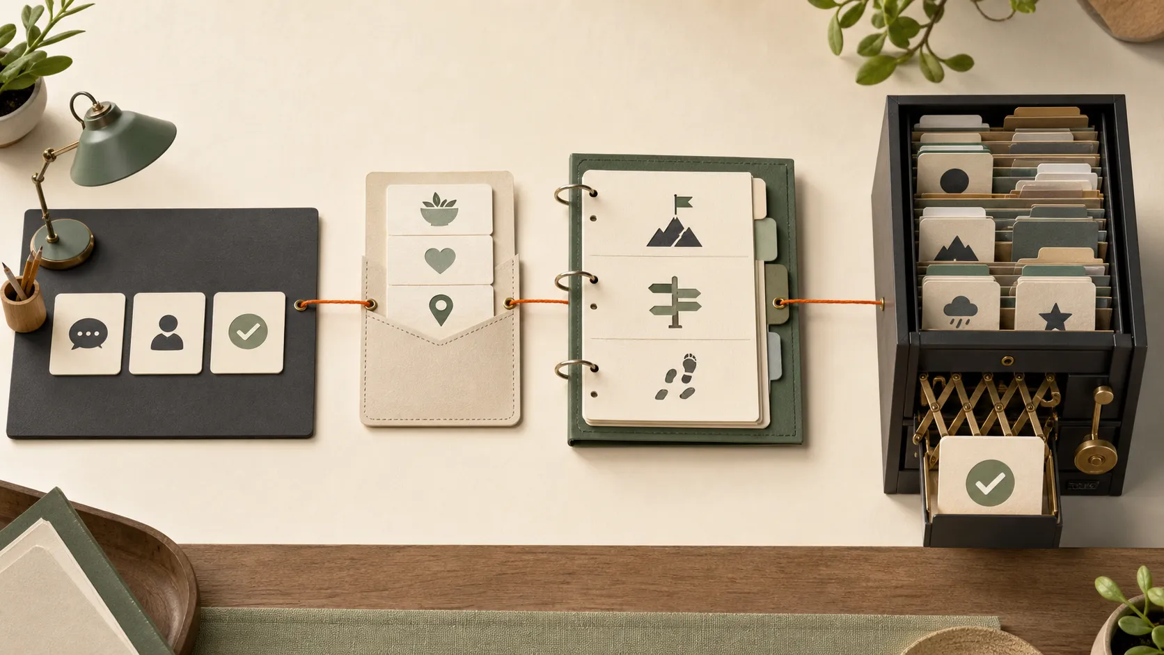 Four connected memory spaces: the current desk, a preference card, a project binder, and a searchable archive