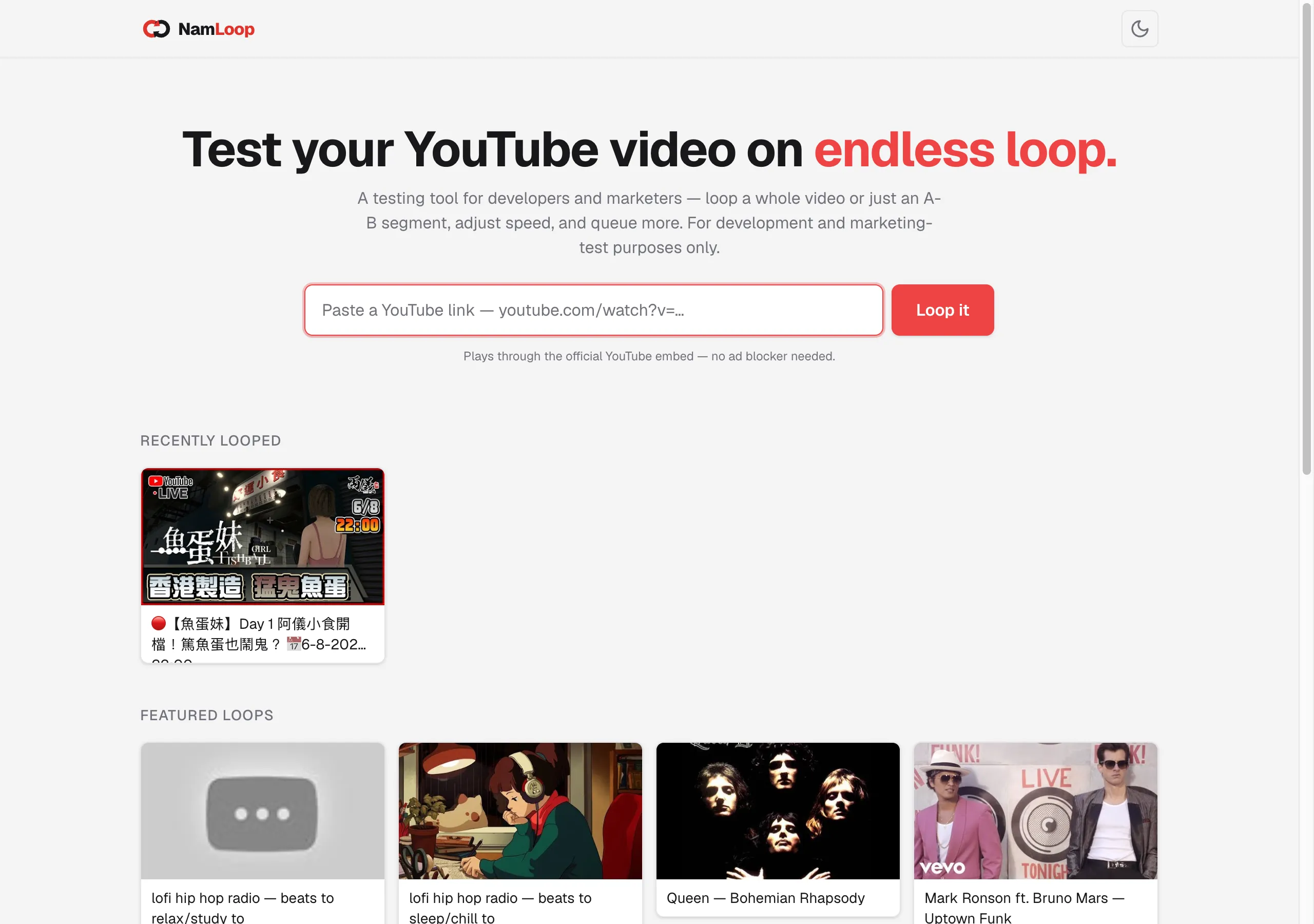 NamLoop home page — paste a link and loop it