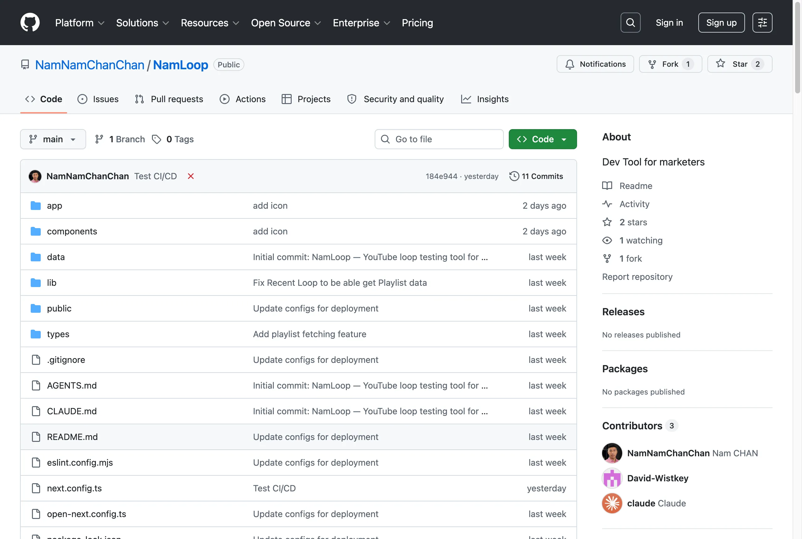 The NamLoop repository on GitHub — the Star button sits top-right; Fork is right beside it