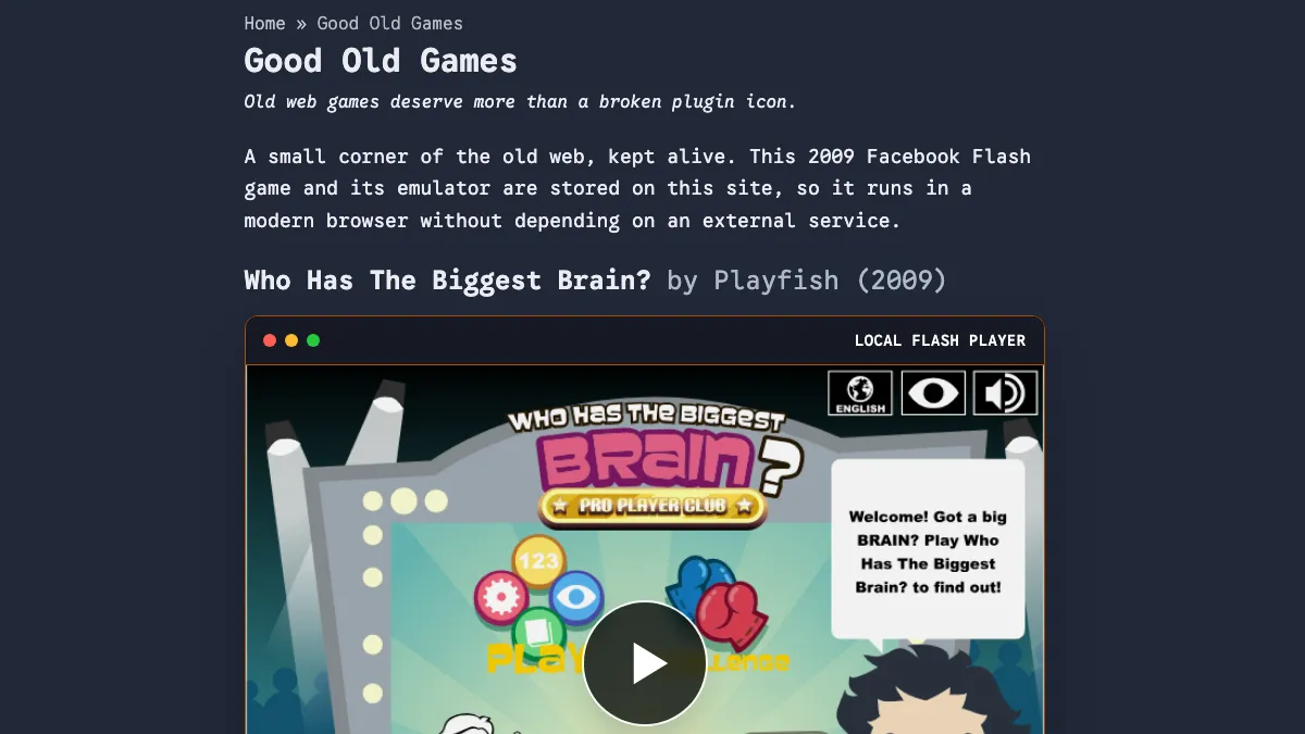 The finished Good Old Games page with the recovered Who Has The Biggest Brain game ready to play