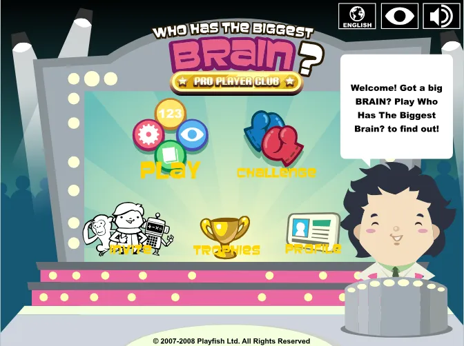 Recovered main menu of Who Has The Biggest Brain showing Play, Challenge, Invite, Trophies and Profile