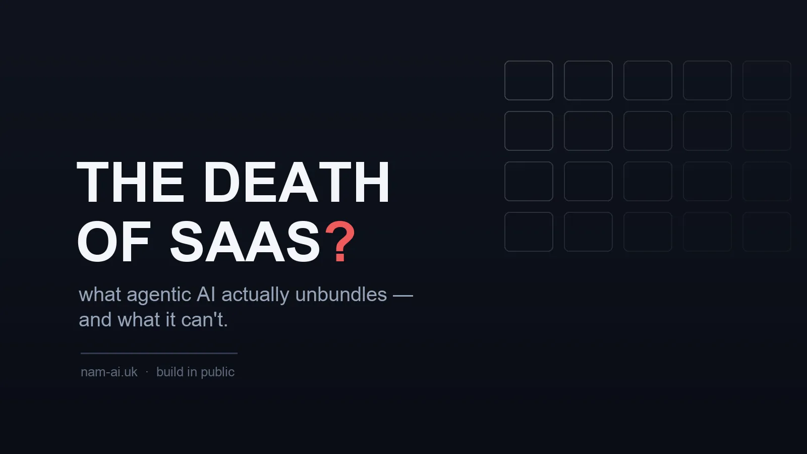 The death of SaaS? — what agentic AI actually unbundles, and what it can't, with a grid of app tiles fading out