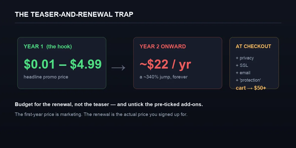 The teaser-and-renewal trap: year one $0.01–$4.99, year two onward about $22 a year (a ~340% jump), plus pre-ticked add-ons at checkout pushing the cart past $50