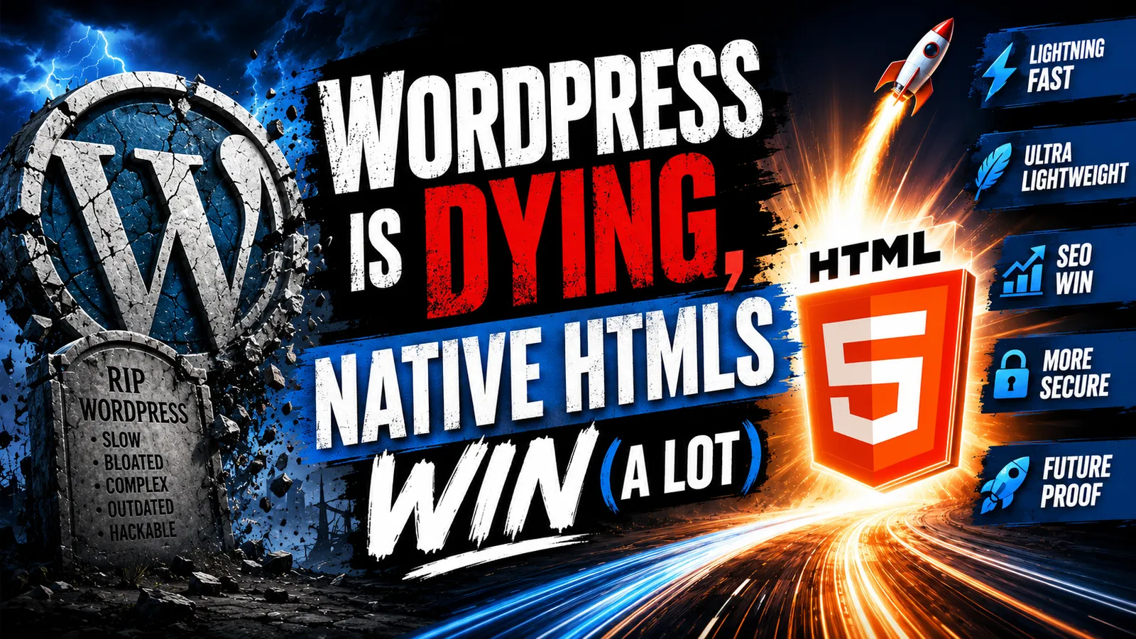 WordPress is dying, native HTML wins — a cracked WordPress gravestone beside a rising HTML5 rocket
